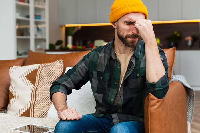 Man in yellow beanie and plaid shirt sitting on couch, appearing confused and frustrated about girlfriend not visiting mornings. Man in yellow beanie and plaid shirt sitting on couch, appearing confused and frustrated about girlfriend not visiting mornings.
