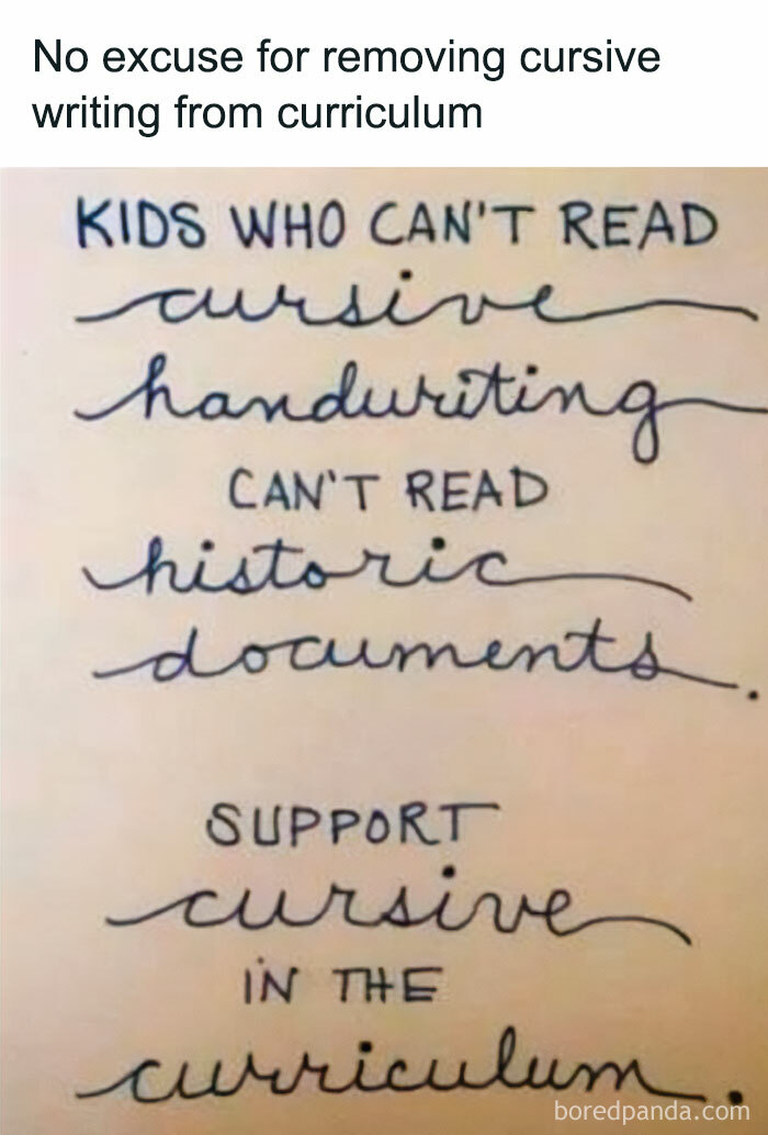 Handwritten note advocating to support cursive handwriting in the curriculum, reflecting good old days memories from the 80s.