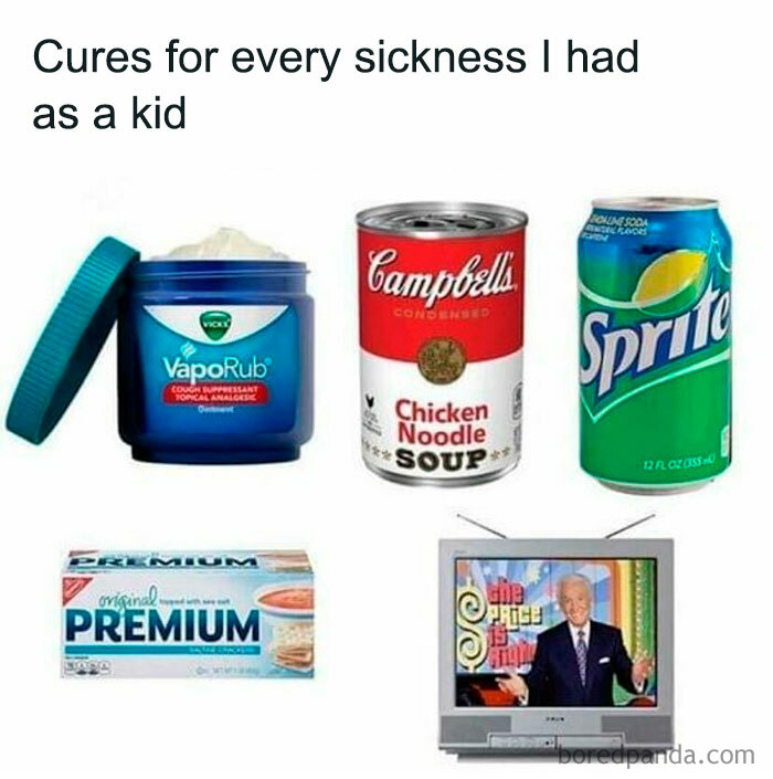 Classic remedies from the good old days including VapoRub, chicken noodle soup, Sprite, crackers, and The Price is Right TV show.
