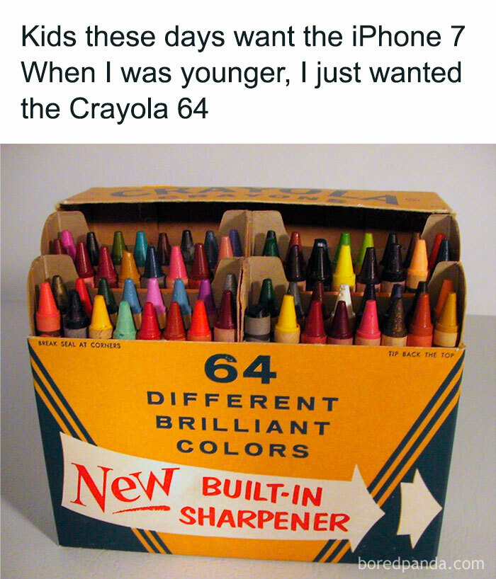 Box of 64 Crayola crayons with built-in sharpener, highlighting nostalgic childhood memories from the good old days of the 80s.