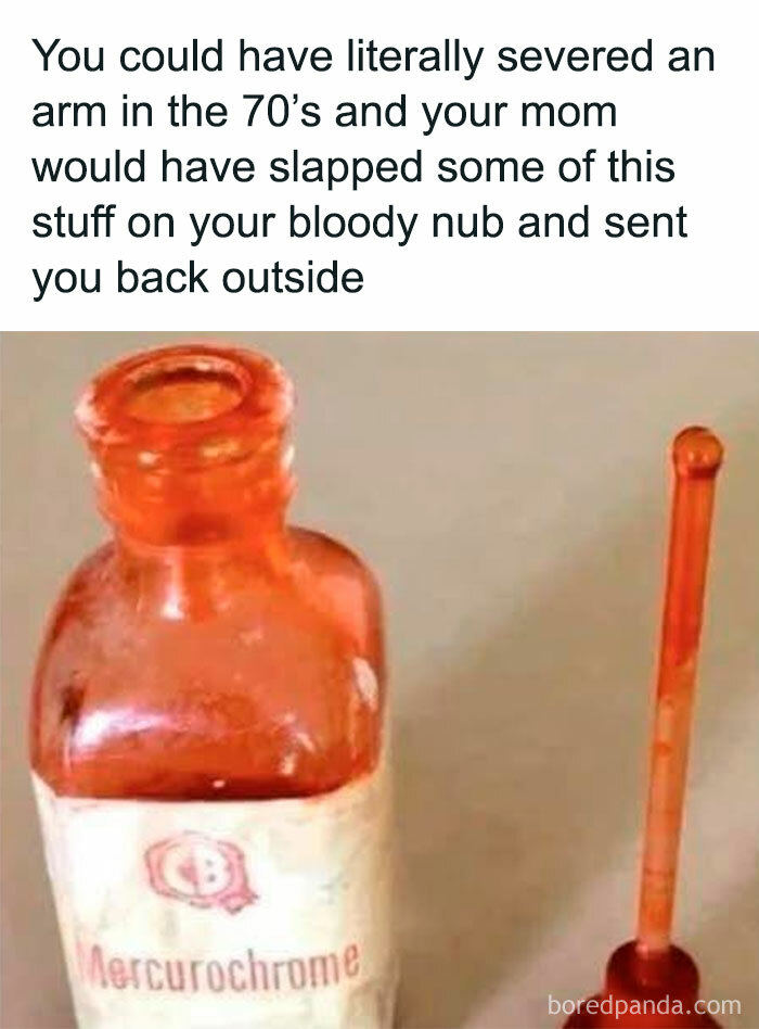 Bottle of Mercurochrome from the good old days highlighting nostalgic 70s childhood memories and injuries.