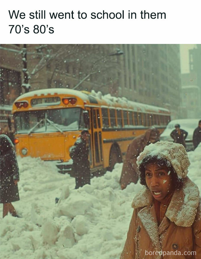 Children walking in heavy snow near a yellow school bus, capturing the good old days of the 70s and 80s school commute.