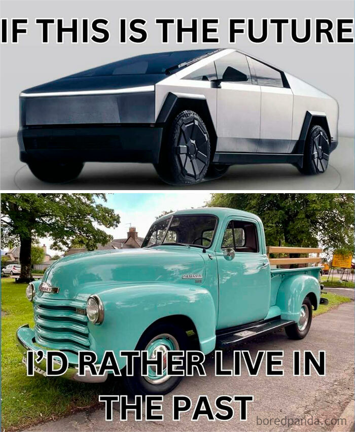 Image comparing a futuristic truck and a vintage pickup truck, evoking nostalgia for the good old days of the '80s.