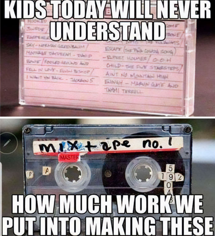 Cassette tape labeled mixtape no.1 with handwritten song list, representing nostalgia from the good old days of the 80s.