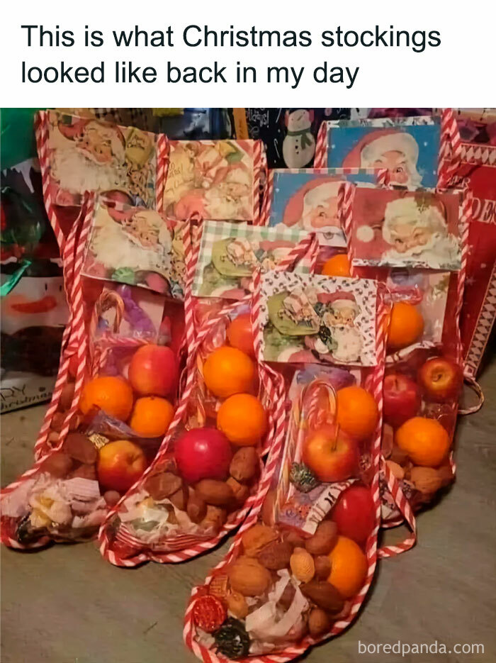 Christmas stockings filled with vintage fruits, nuts, and candy, evoking the good old days of the 80s childhood.