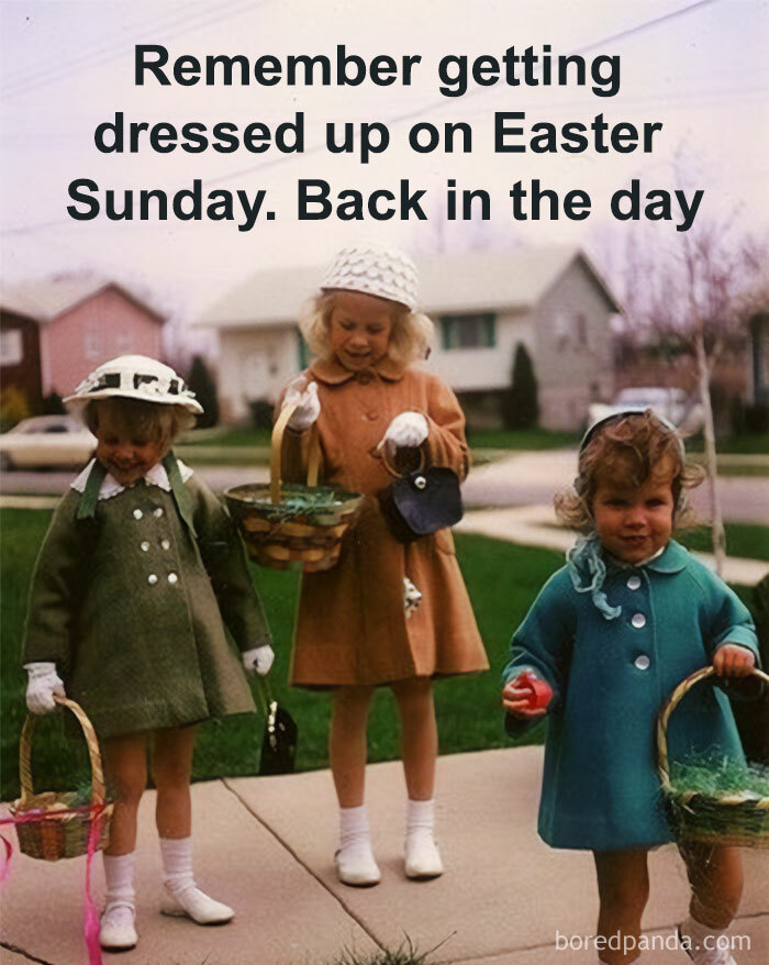 Three children dressed up for Easter in vintage coats and hats, holding baskets, evoking the good old days of the 80s.