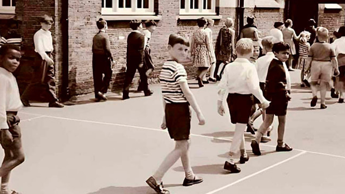 Group of children playing outside in the good old days, capturing nostalgic moments from childhood in the 1980s.