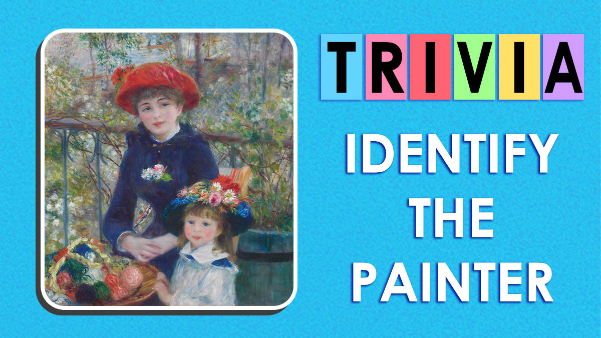 Impressionist painting of a woman and child in hats with flowers, challenging art buffs to identify paintings and painters.