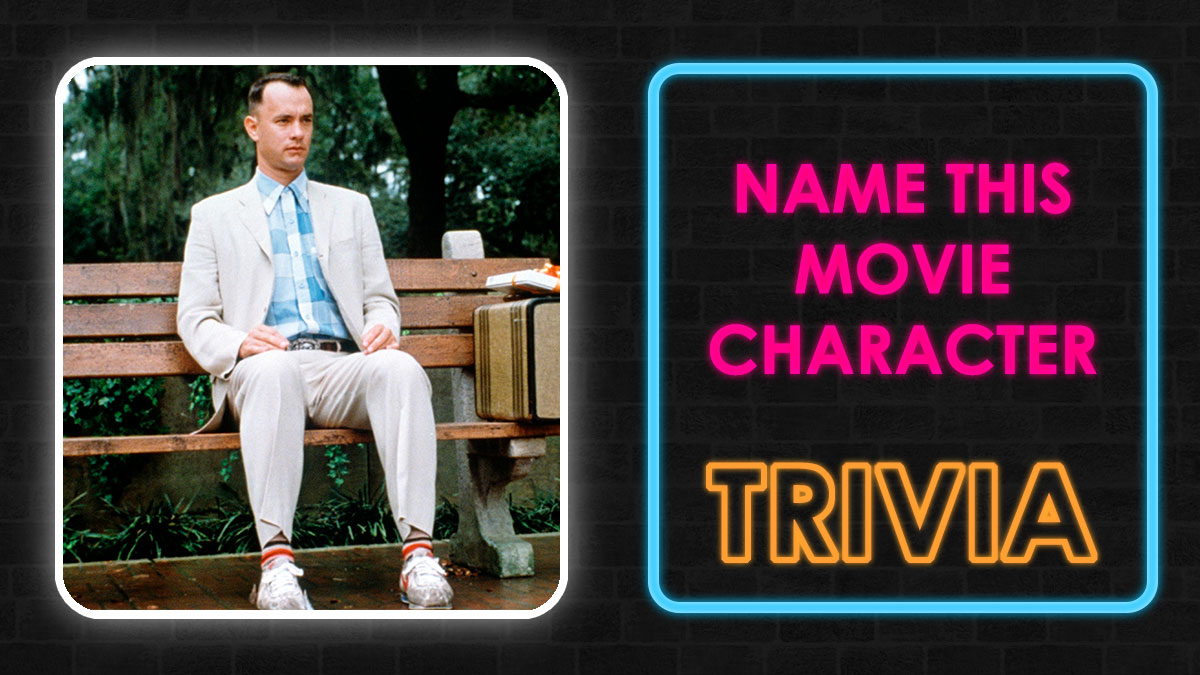Movie buff trivia challenge showing a man sitting on a bench with suitcase and neon text asking to name the movie character.