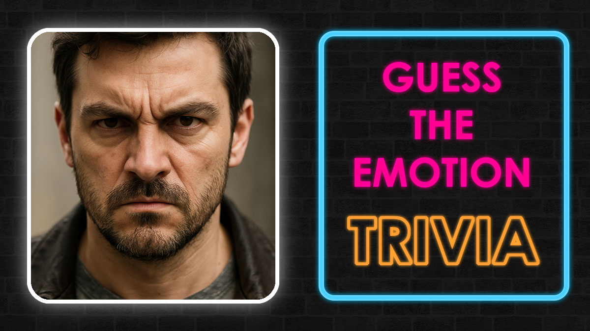 Man with furrowed brows showing anger, next to neon sign reading guess the emotion trivia quiz challenge.