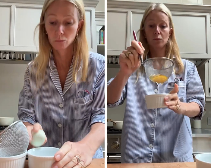 Gwyneth Paltrow handling kitchen waste while preparing food in a cooking video at home in a striped shirt. Gwyneth Paltrow handling kitchen waste while preparing food in a cooking video at home in a striped shirt.