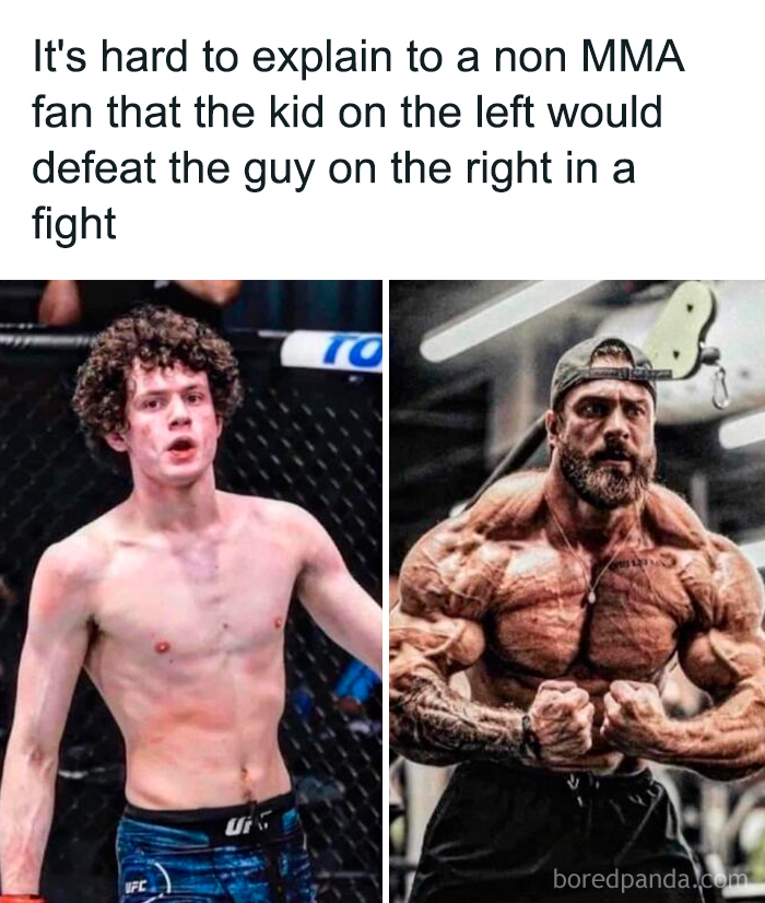 Comparison meme showing a lean MMA fighter and a heavily muscled man, highlighting gym and fitness humor.