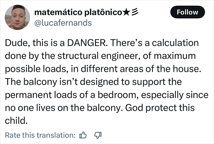 Tweet explaining the structural engineer's warning about the danger of making an autistic child sleep on the balcony. Tweet explaining the structural engineer's warning about the danger of making an autistic child sleep on the balcony.