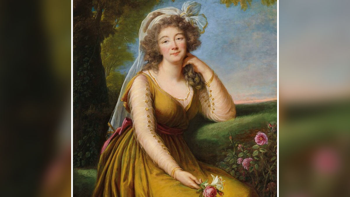 Portrait of a courtesan dressed in historical attire, seated outdoors with flowers, symbolizing power players in history.