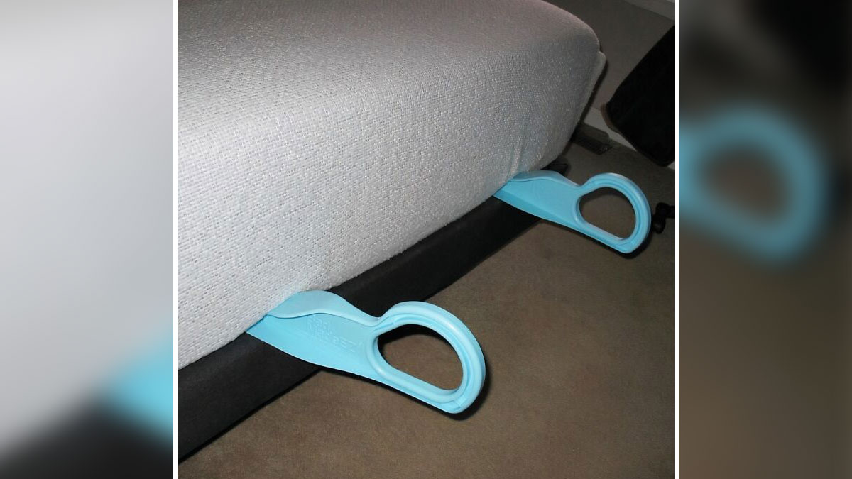 Blue bed lifters placed under a mattress showcasing clever home hacks for an organized living space.