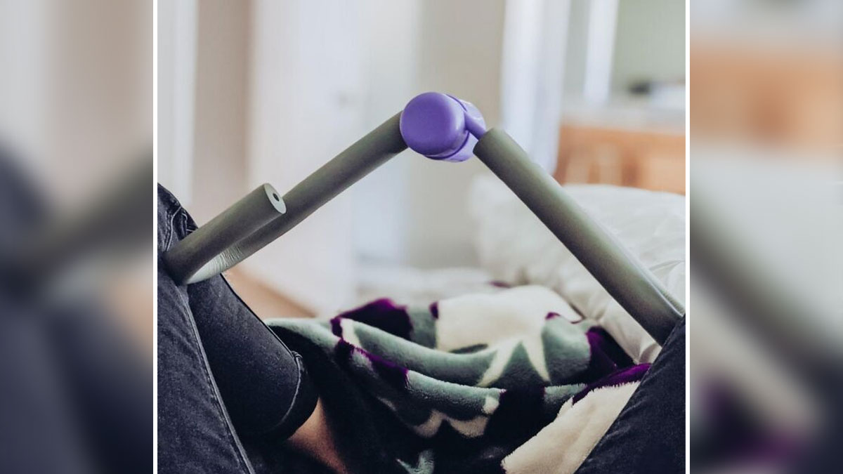 Innovative infomercial find featuring a leg exerciser device used at home for convenient fitness on sick days.