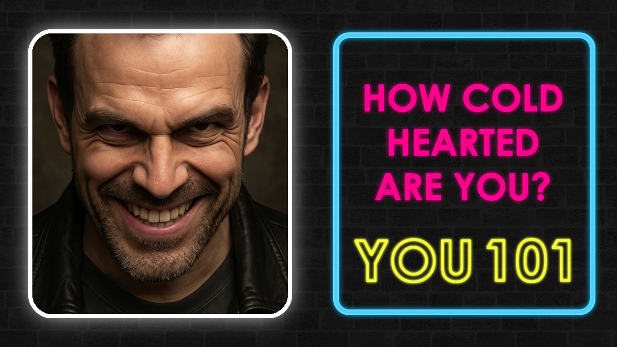 Close-up of a man smiling sinisterly next to neon text asking how cold hearted you are in a quiz about being heartless.