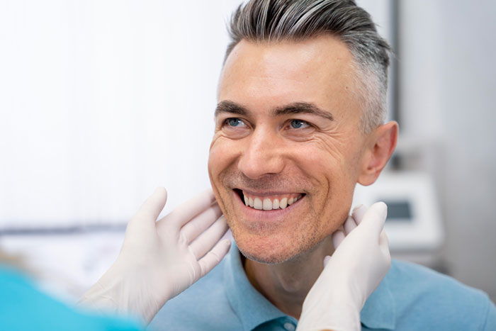 Smiling middle-aged man during dental checkup exploring new tooth regrowth science that may replace dentures and implants Smiling middle-aged man during dental checkup exploring new tooth regrowth science that may replace dentures and implants