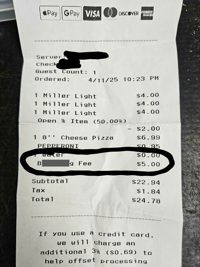 Receipt showing a $5.00 bizarre fee charge highlighted, illustrating people suspiciously unbothered by extra costs.