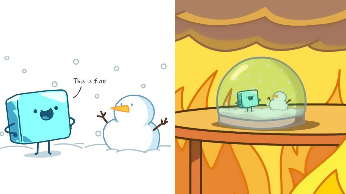 Comics depicting the struggles of an ice cube with a snowman inside and outside a snow globe in a fiery room.