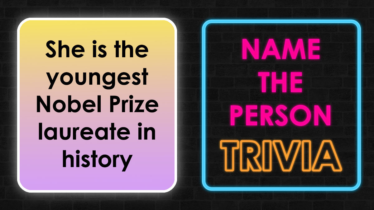 Trivia card with neon text challenging to name the person, youngest Nobel Prize laureate in history in Guess Who game.