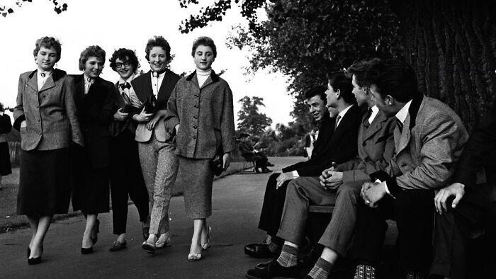 Group of stylish young men and women from the 20th century Teddy Boy era socializing in a park setting.
