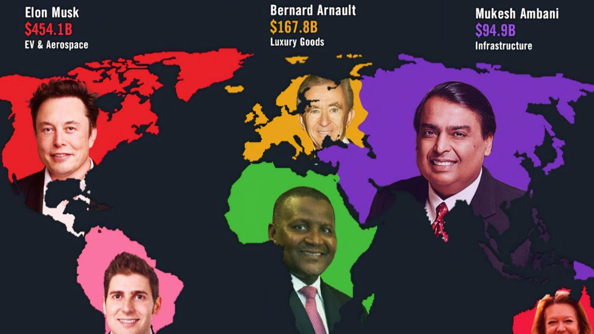 Map showing top billionaires by region with photos and industries including EV, luxury goods, and infrastructure.