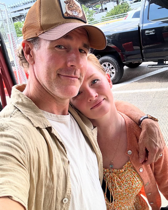 James Van Der Beek and a woman close together outdoors, reflecting on his difficult moment with kids during cancer journey. James Van Der Beek and a woman close together outdoors, reflecting on his difficult moment with kids during cancer journey.