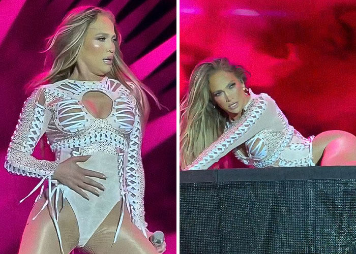 Jennifer Lopez performing on stage in a raunchy show, simulating provocative moves amid vibrant pink lighting. Jennifer Lopez performing on stage in a raunchy show, simulating provocative moves amid vibrant pink lighting.