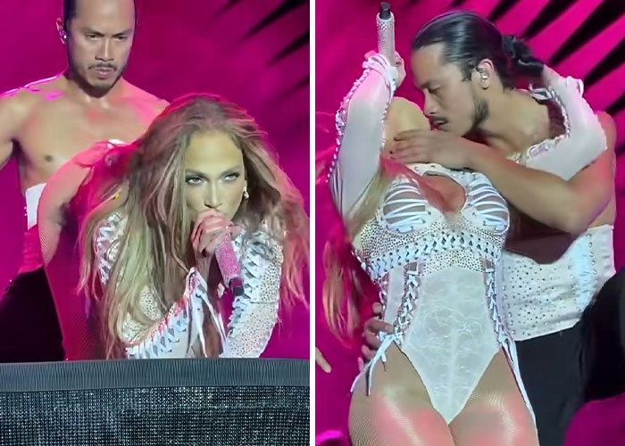 Jennifer Lopez performing on stage with dancers, wearing a white outfit, in a raunchy show criticized as cheap. Jennifer Lopez performing on stage with dancers, wearing a white outfit, in a raunchy show criticized as cheap.