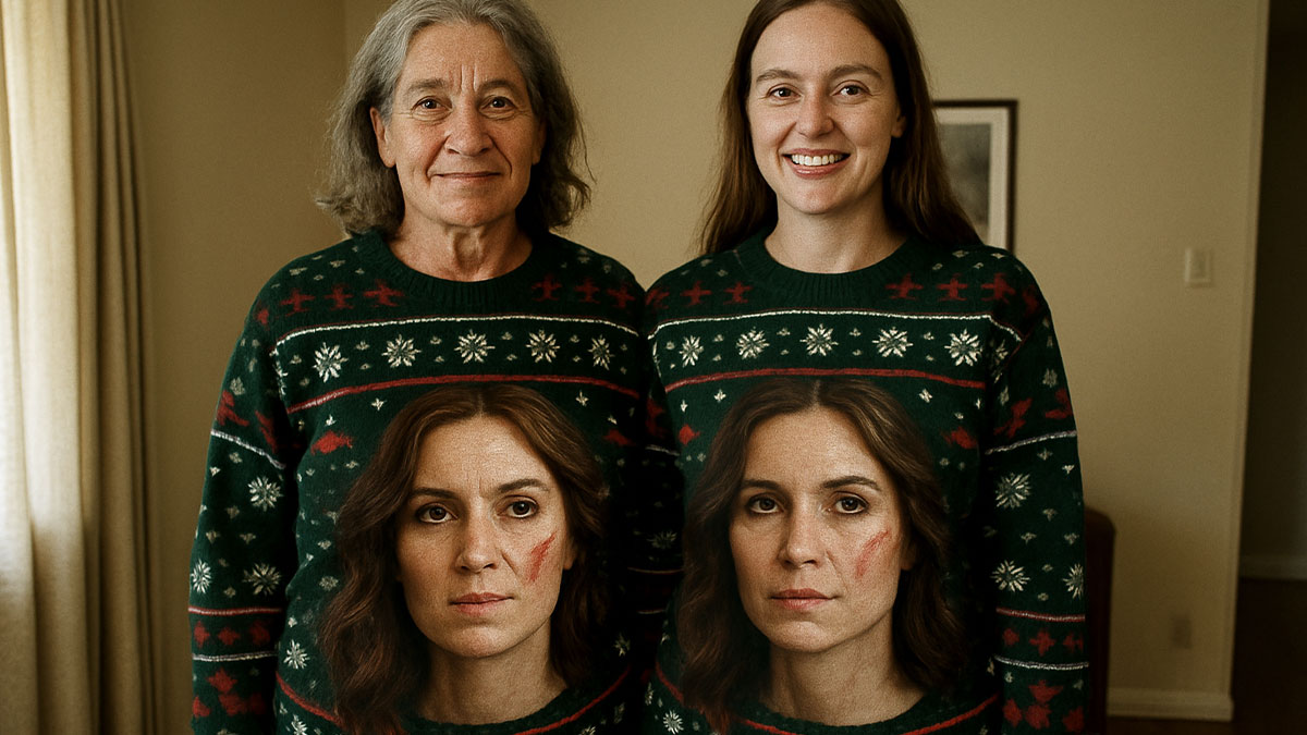Two women and two men in matching ugly sweaters, one woman showing a prominent scar on her face in a family gathering setting.