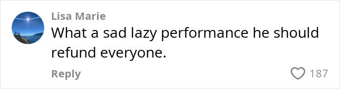 Comment from a fan criticizing Justin Timberlake’s “embarrassing” Romania show and demanding a refund for the performance. Comment from a fan criticizing Justin Timberlake’s “embarrassing” Romania show and demanding a refund for the performance.
