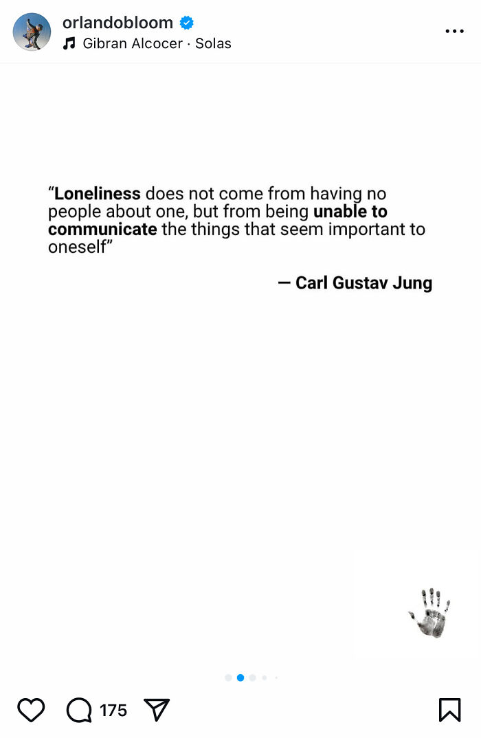 Instagram post by Orlando Bloom featuring a Carl Gustav Jung quote about loneliness and communication amid Katy Perry and Orlando Bloom breakup. Instagram post by Orlando Bloom featuring a Carl Gustav Jung quote about loneliness and communication amid Katy Perry and Orlando Bloom breakup.