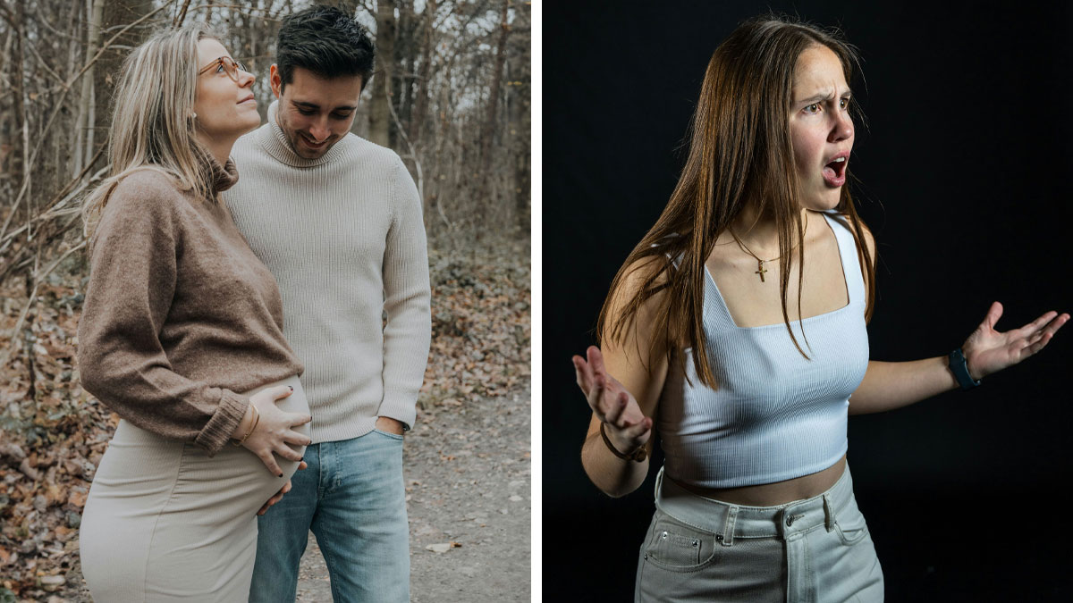Man showing anger and frustration, woman surprised, while another man stands with his pregnant mother outdoors in fall.