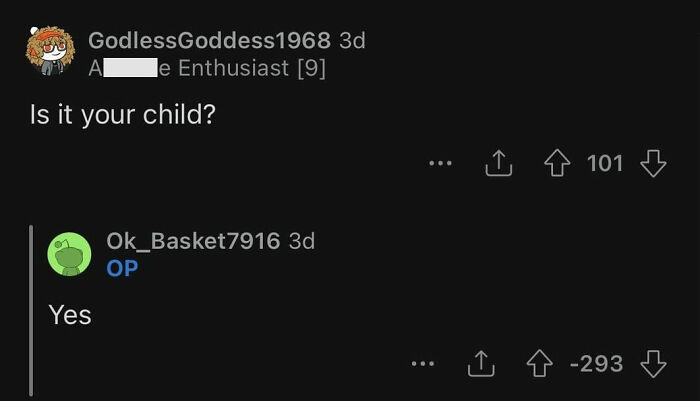Comment thread showing a user asking if the child is his and the original poster confirming he is the father. Comment thread showing a user asking if the child is his and the original poster confirming he is the father.