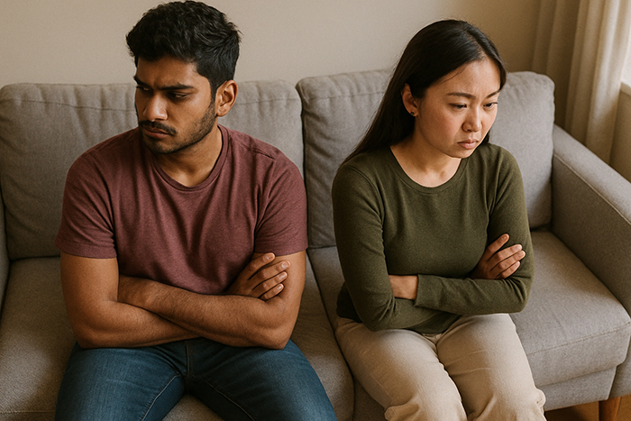 Man and woman sitting apart on couch with arms crossed, showing tension and relationship conflict in a home setting. Man and woman sitting apart on couch with arms crossed, showing tension and relationship conflict in a home setting.