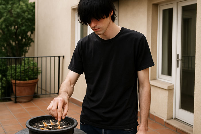 Young man on patio wearing black shirt, interacting with cigarette butts in an ashtray, with a slightly eerie atmosphere. Young man on patio wearing black shirt, interacting with cigarette butts in an ashtray, with a slightly eerie atmosphere.