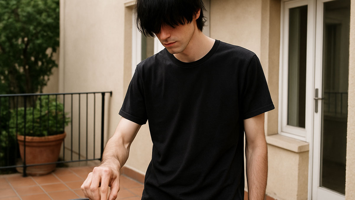 Young man with autism standing outdoors near a house, reflecting on a past encounter that left him terrified.