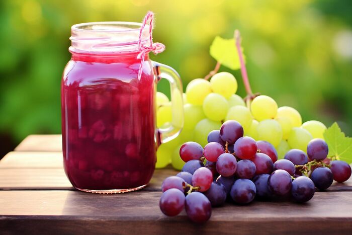 Glass jar filled with grape juice alongside fresh red and green grapes on a wooden surface in natural light.