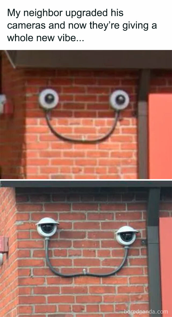 Two security cameras and a wire on a brick wall create a random and chaotic meme face giving a new funny vibe.