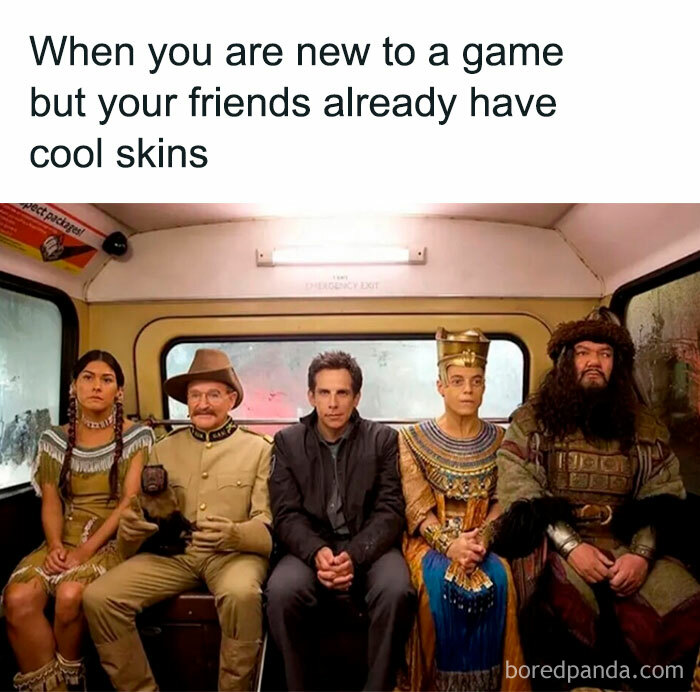 Five adults in different elaborate costumes sitting on a bus, illustrating chaotic memes about gaming and cool skins.