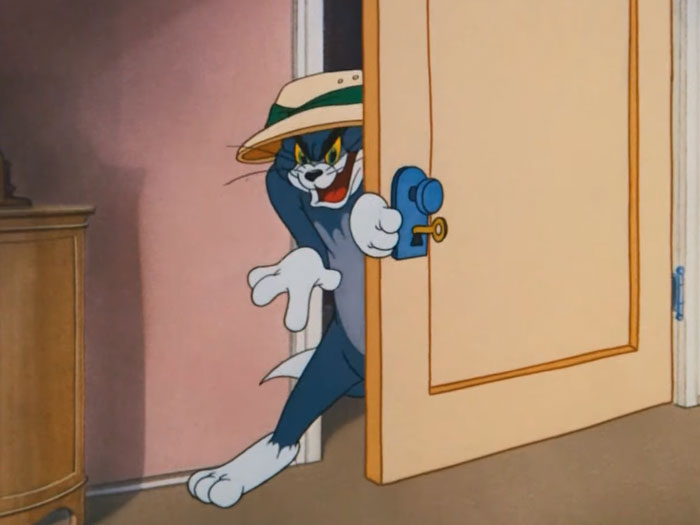 Cartoon cat peeking mischievously around a door, symbolizing nosy behavior related to opening others’ packages. Cartoon cat peeking mischievously around a door, symbolizing nosy behavior related to opening others’ packages.