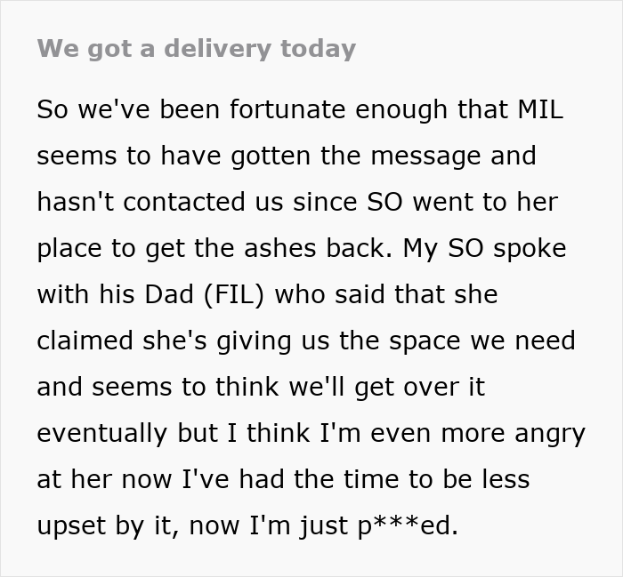 Entitled grandma causes family drama after stealing grandson’s ashes, claiming it’s no big deal in a tense situation.