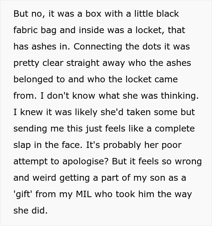 Box containing ashes in a locket, highlighting family drama involving entitled grandma stealing grandson’s ashes.