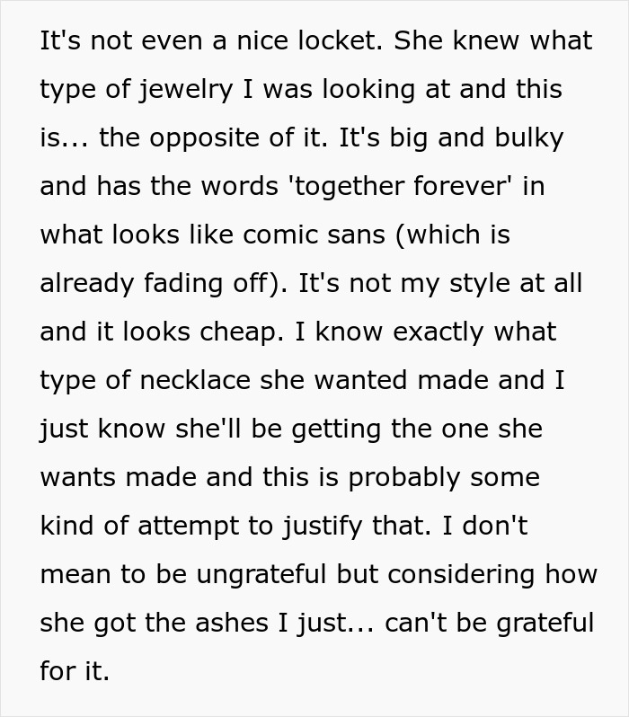 Alt text: Text discussing entailed grandma causing family drama after stealing grandson’s ashes and dismissing its importance.