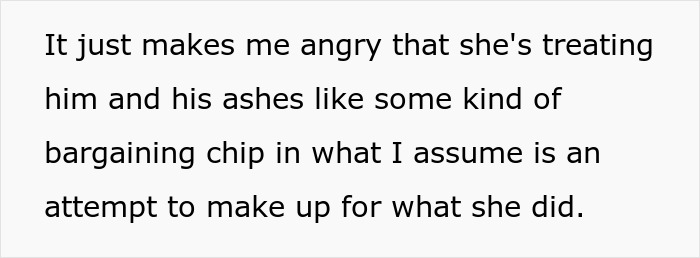 Text on screen expressing anger over an entitled grandma treating grandson’s ashes like a bargaining chip.