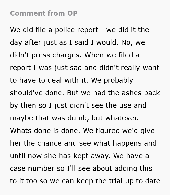 Comment from original poster explaining the family drama after grandma stole grandson’s ashes and the legal actions taken.