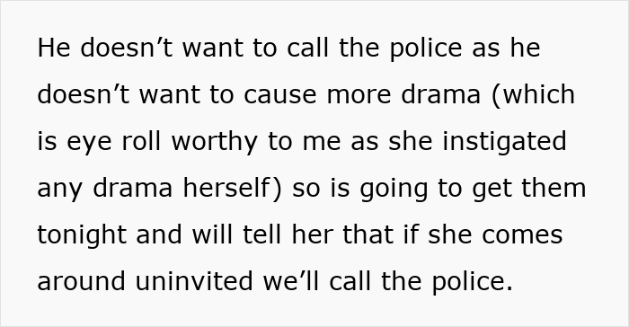 Text excerpt discussing refusal to call police to avoid family drama after a grandmother stole grandson’s ashes.