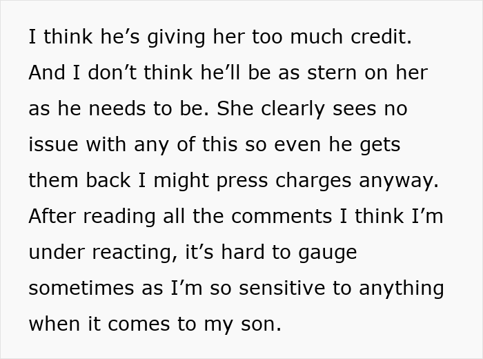 Alt text: Text discussing family drama and sensitivity related to an entitled grandma stealing grandson’s ashes and potential charges.