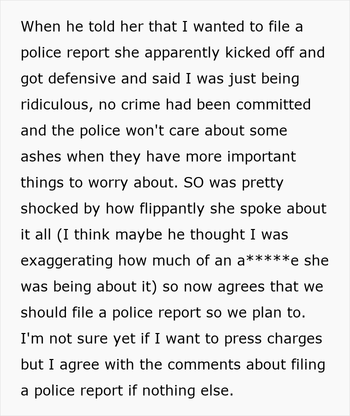 Text excerpt describing a family drama involving an entitled grandma stealing grandson’s ashes and the consideration of filing a police report.